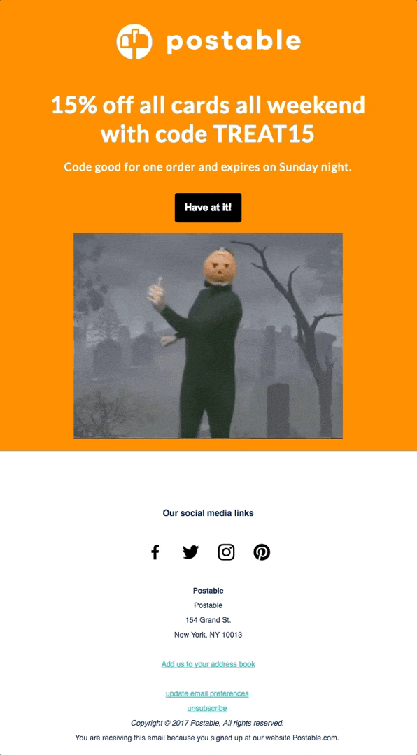 Halloween email campaign including GIF and promo code 