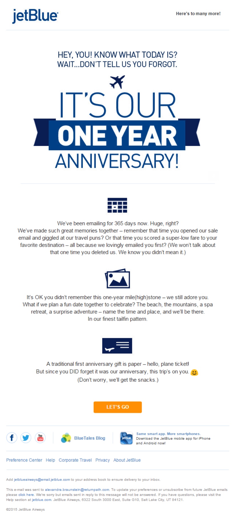 JetBlue Anniversary Email Example