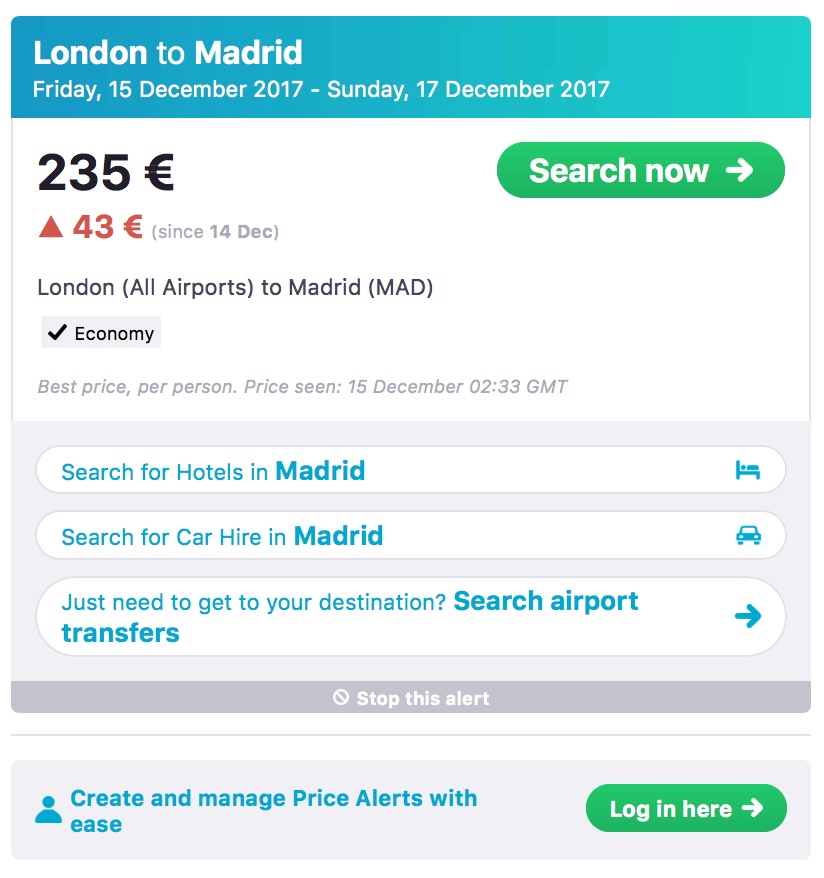 Skyscanner Price Alert Email