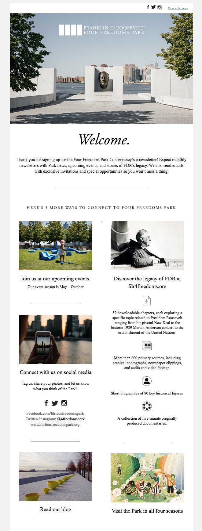 Four Freedoms Park Conservancy welcome email