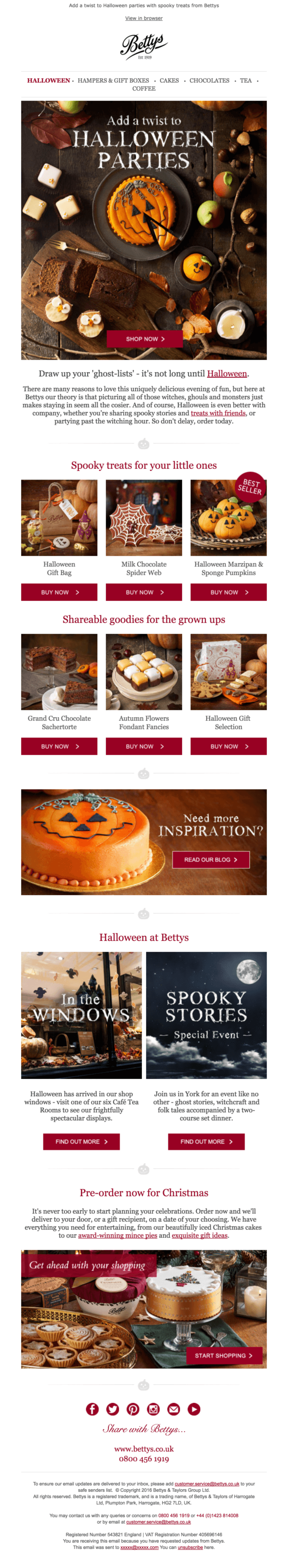 Bettys Halloween-themed email with a selection of Halloween treats