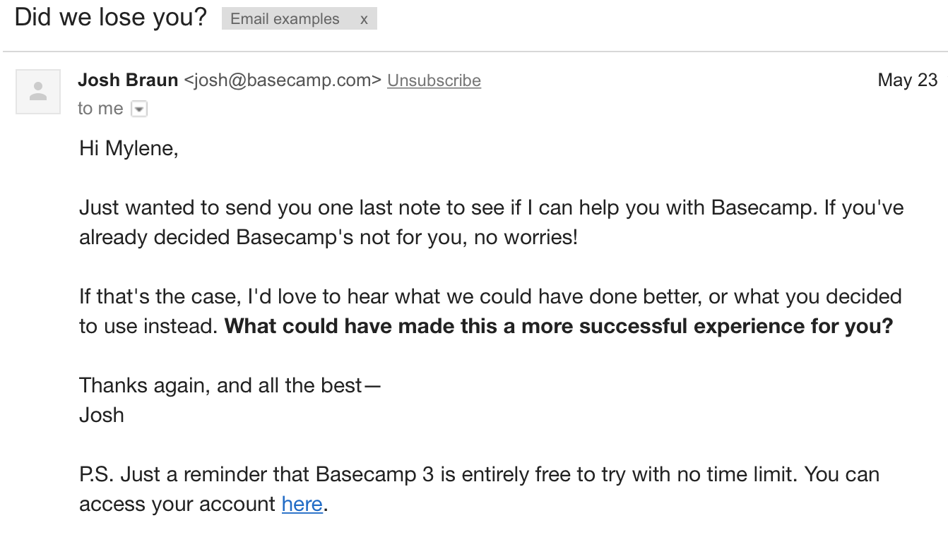 Reactivate email example Basecamp