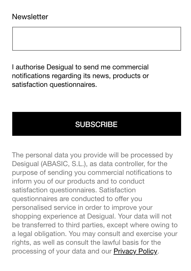 Desigual highlights its privacy policy to those subscribing to the brand’s newsletter