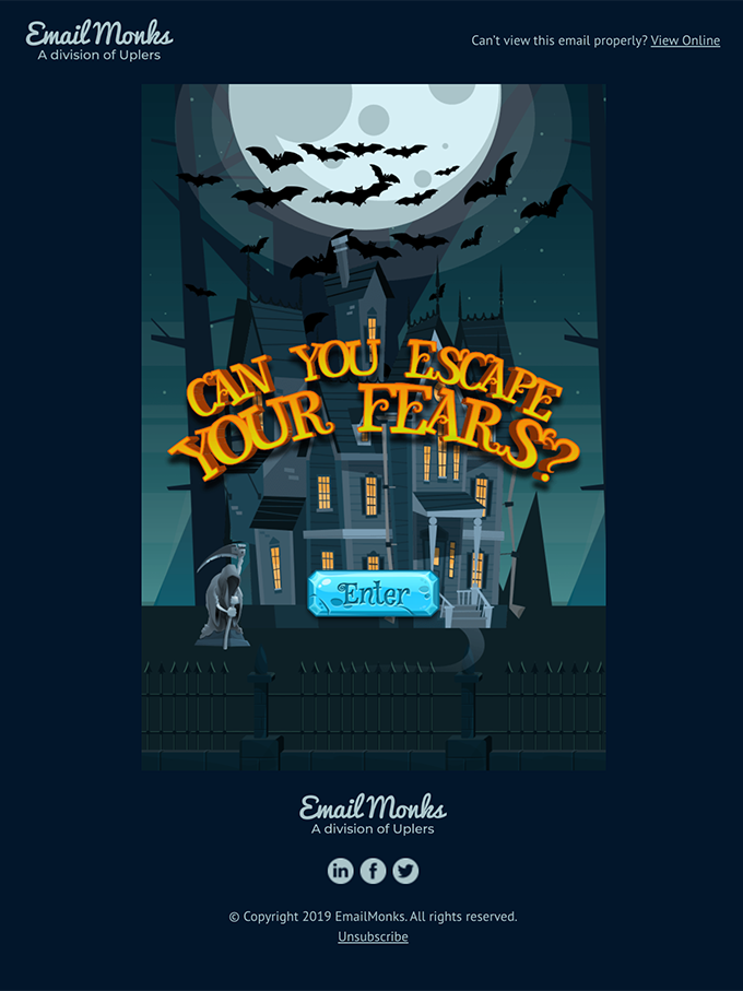 Halloween email campaign with mysterious heading and CTA