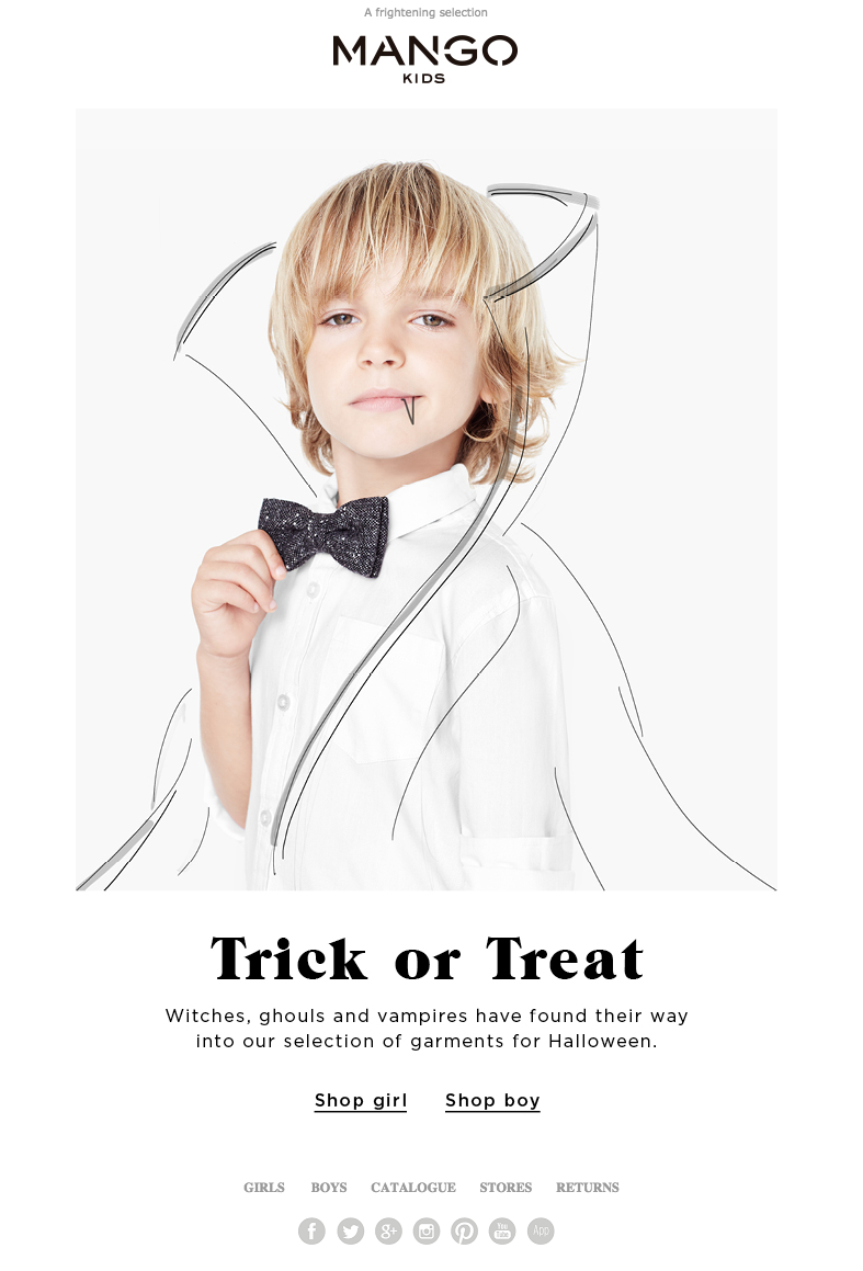 Halloween email design from Mango featuring kid wearing trick-or-treating outfit