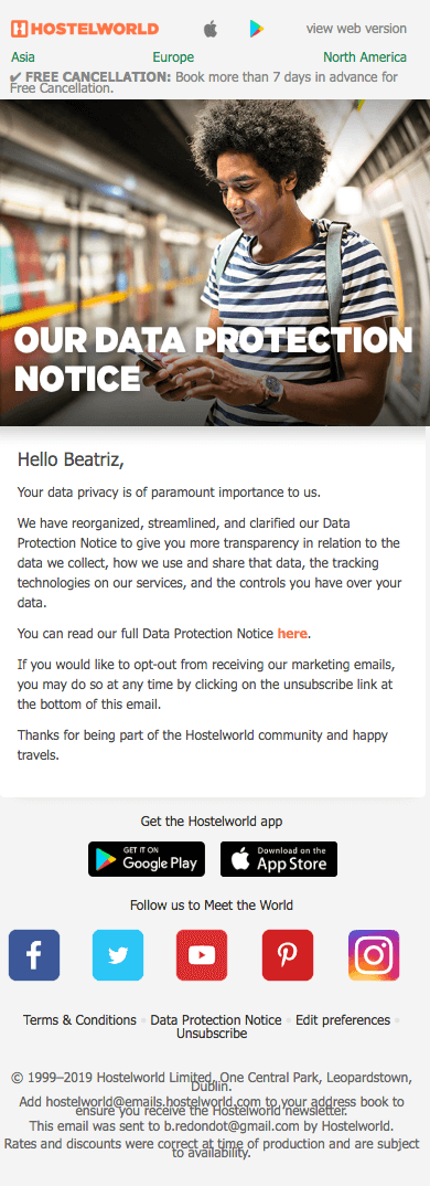 Hostelworld sent out a very clear data protection email explaining why they can be trusted