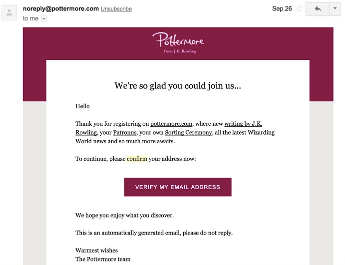 Pottermore Opt-In Email